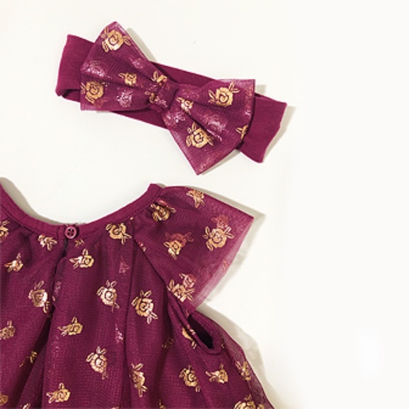Baby Starters Burgundy & Rose Gold Foil Star Angel-Sleeve Dress & Headband - Picture 4 of 5